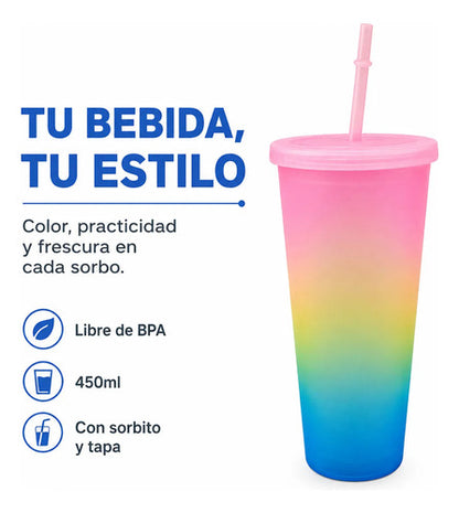 Vaso Acrílico Multicolor 450ml Con Sorbito Y Tapa Bebida Multicolor