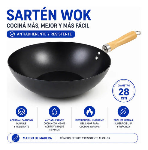 Sartén Wok Redondo Mango Madera Antiadherente Acero Carbono Negro