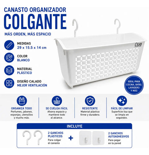Canasto Organizador Colgante Plástico Ganchos 29cm Blanco