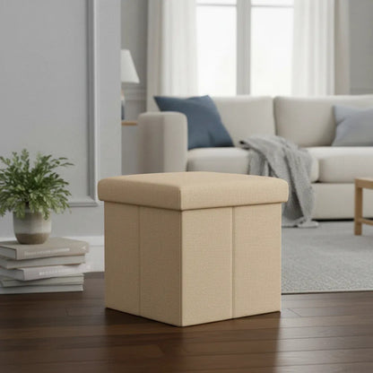 Puff Organizador Baul Taburete Plegable Tapa Acolchada 38cm Beige Liso