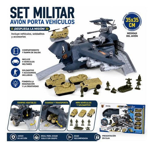 Avión Porta Vehículos Militar Soldados Accesorios 35cm Gris Militar Beige Y Verde Oliva