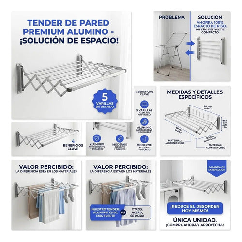 Tendedero Pared Plegable Extensible 5 Varilla Aluminio 80x80 Gris