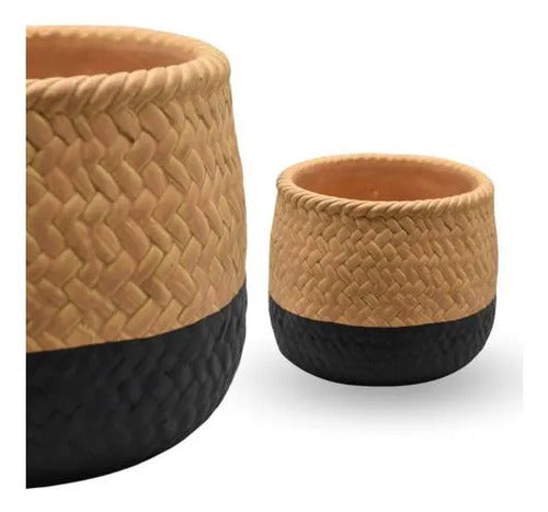 Maceta Cerámica Decorativa Labrada Diseño Yute 13cm Rústica Beige Con Negro