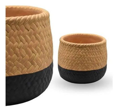 Maceta Cerámica Decorativa Labrada Diseño Yute 13cm Rústica Beige Con Negro