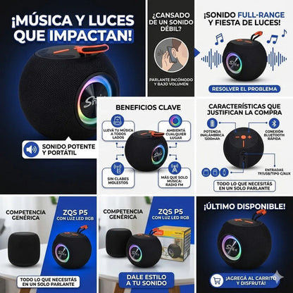 Parlante Bluetooth Portatil Luces Led Usb Tf Aux Radio Fm Negro