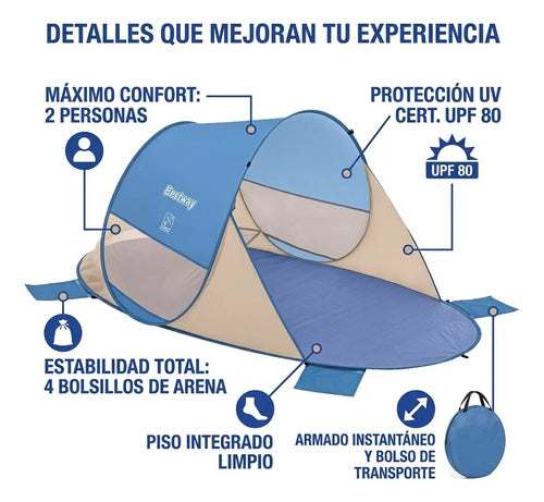 Carpa Refugio Playa Autoarmable Cortaviento Filtro Uv 80 2m Azul