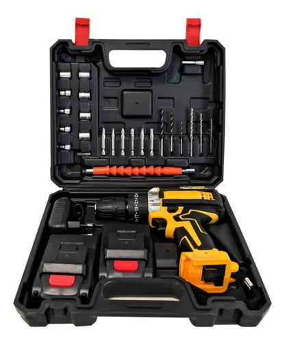 Taladro Percutor Inalámbrico Recargable 2 Baterías Maletín Amarillo 0