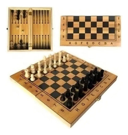 Juego De Mesa 3en1 24cm Ajedrez Damas Backgammon Madera 5002