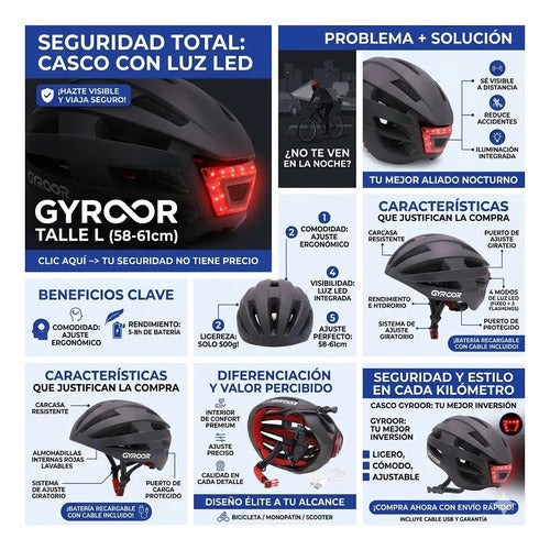 Casco Monopatin Luz Led Recargable Usb Ciclismo Talle Grande Negro L