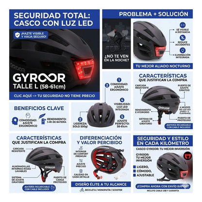 Casco Monopatin Luz Led Recargable Usb Ciclismo Talle Grande Negro L