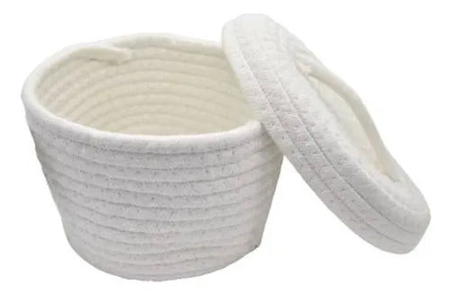 Canasto Cesto Organizador Tejido Cuerda Algodón Tapa 12x14cm Blanco
