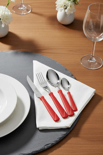 Set Juego De Cubiertos Pack X24 Piezas Pote Acero Inoxidable Rojo