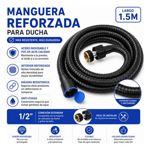 Manguera Ducha Reforzada Baño Acero Pvc Flexible 1.5m Negro