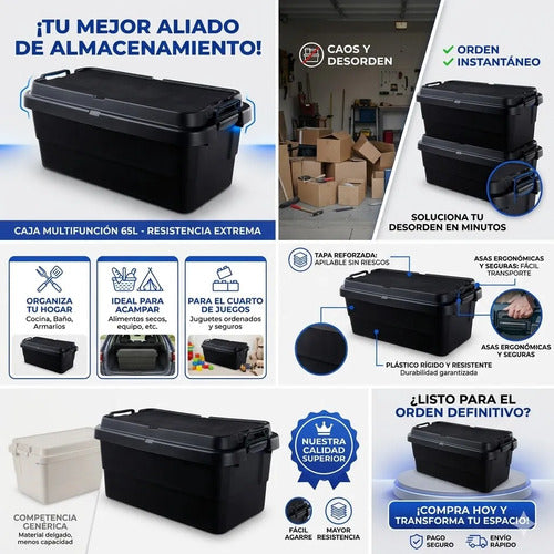 Caja Baul Organizador Herramientas Plastico Tapa Asa 65l Negro
