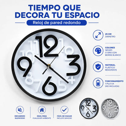 Reloj Pared Redondo Analogico Numeros 3d 25cm Negro Gris Gris