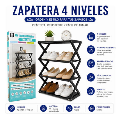 Zapatera Estante Organizador 4 Pisos Acero Pp 42x18.5x49.5cm Negro