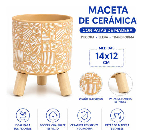 Maceta Ceramica Patas Madera 14x12cm Decorativa Beige