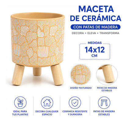 Maceta Ceramica Patas Madera 14x12cm Decorativa Beige
