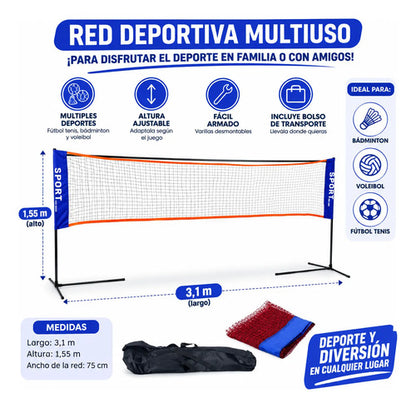 Red Deportiva Ajustable Vóley Bádminton Fútbol Tenis 3,1m Multicolor