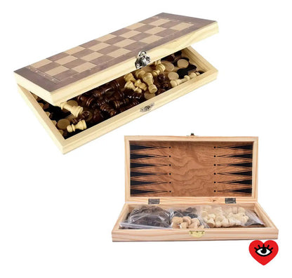 Juego Ajedrez Damas Backgammon Tablero Madera 24cm Portatil Veoquiero