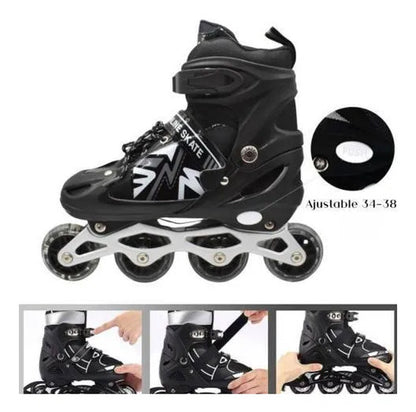 Patines Roller Ajustables 4 Ruedas Luz 34-38 39-43 En Línea 34-38 Negro