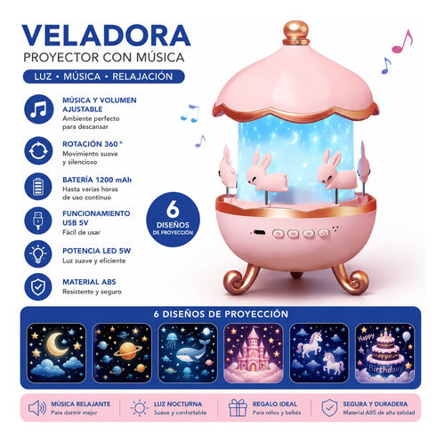 Lámpara Veladora Proyector Infantil Giratoria Música Luz Led Rosa