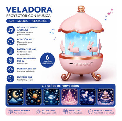 Lámpara Veladora Proyector Infantil Giratoria Música Luz Led Rosa