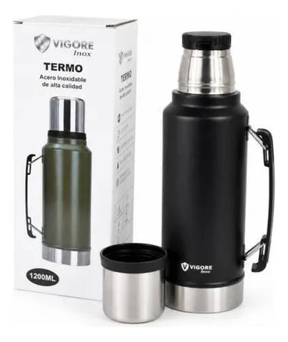 Termo Acero Inoxidable 1.2l Asa Plegable Hermético 2 Paredes Negro Mate
