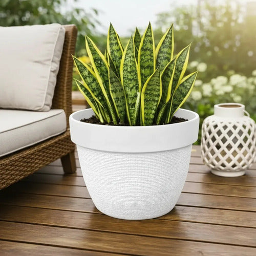 Maceta Plastica Texturizada 31x23cm Jardin Redonda Hogar Blanco