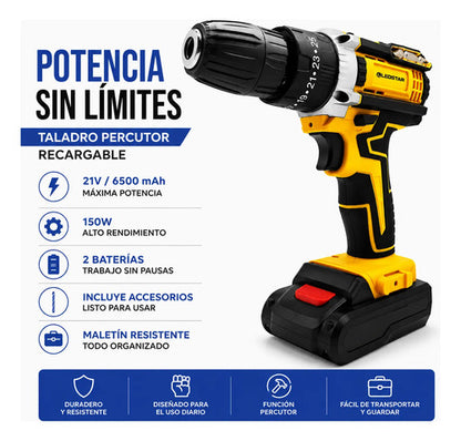 Taladro Percutor Inalámbrico Recargable 2 Baterías Maletín Amarillo 0