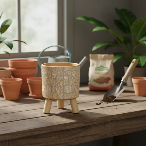 Maceta Ceramica Patas Madera 14x12cm Decorativa Beige