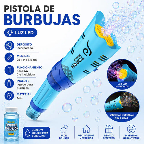Pistola Lanzador Burbujas Led Depósito Pilas Aa Infantil Celeste