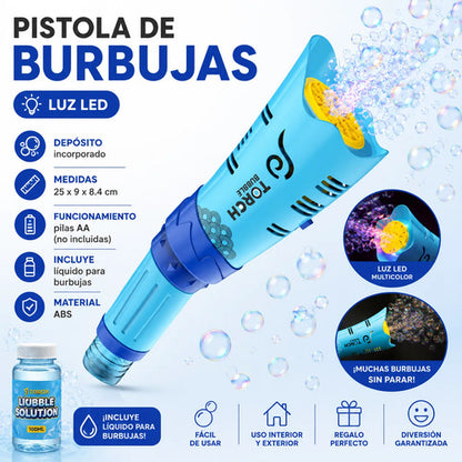 Pistola Lanzador Burbujas Led Depósito Pilas Aa Infantil Celeste