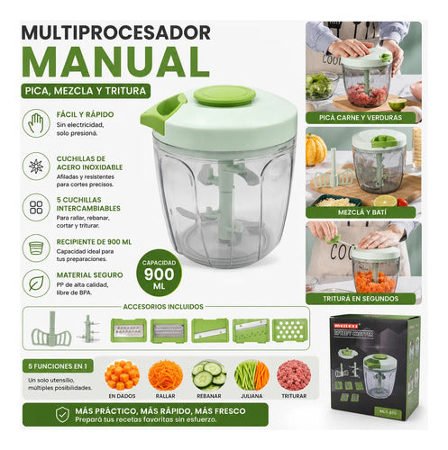 Multiprocesador Picador Manual Cuchilla Intercambiable 900ml Verde