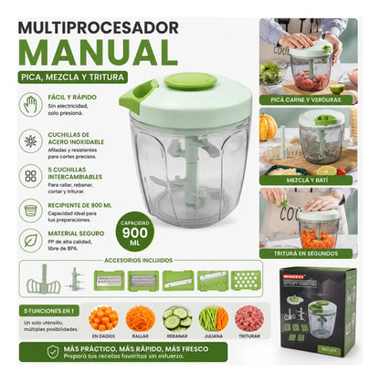 Multiprocesador Picador Manual Cuchilla Intercambiable 900ml Verde