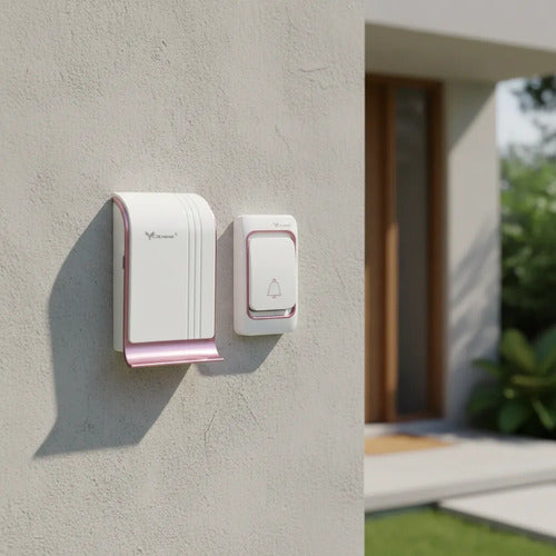 Timbre Inalambrico 220v 100m 3 Nivel Volumen Bateria Incluid Blanco Con Rosa