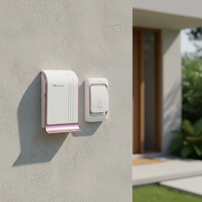 Timbre Inalambrico 220v 100m 3 Nivel Volumen Bateria Incluid Blanco Con Rosa