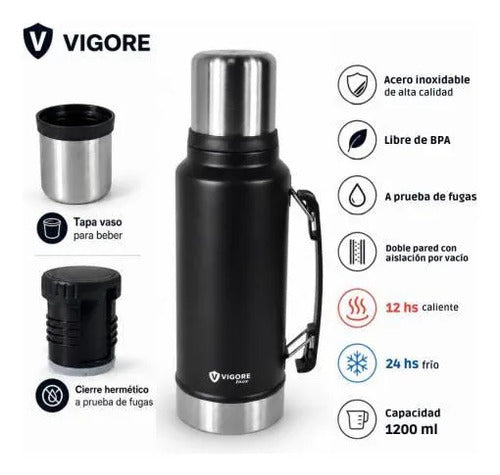 Termo Acero Inoxidable 1.2l Asa Plegable Hermético 2 Paredes Negro Mate