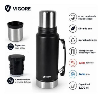 Termo Acero Inoxidable 1.2l Asa Plegable Hermético 2 Paredes Negro Mate