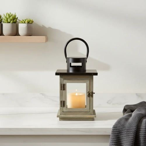 Farol Decorativo Rústico Portavelas Madera Metal 26x15cm Gris Envejecido Con Negro
