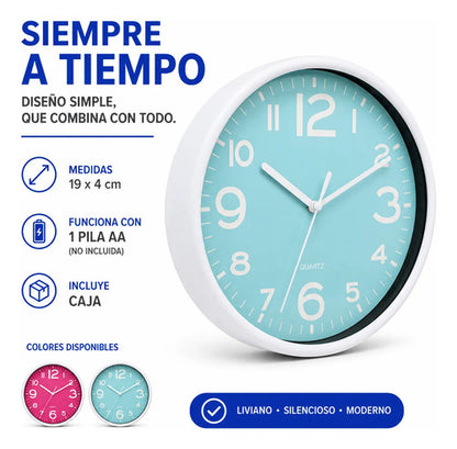 Reloj Decorativo Pared Plástico Redondo Analógico 19cm Blanco Celeste