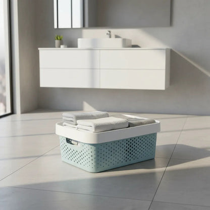 Canasto Plastico Calado Tapa Asas 37x28x15cm Organizador Celeste