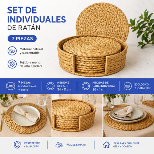 Set Individuales Tejidos Ratán 7 Piezas Cesto Mesa Rattan Amarillo Tejido