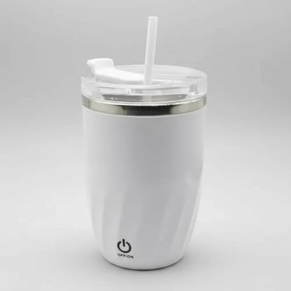 Vaso Taza Revolvedora Mezclador Automatico Usb Recargable Blanco Liso Moderno Con Tapa Transparente