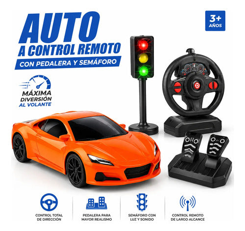 Auto Rc Volante Pedalera Semáforo Luz Sonido Escala 1:16 Naranja