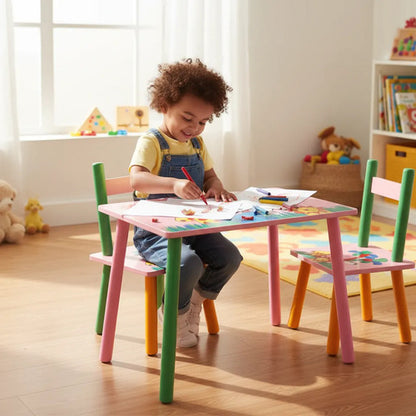 Set Mesa Infantil 2 Sillas Madera Diseño Animado Niños Rosa
