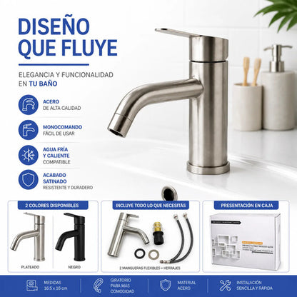 Canilla Grifería Set Monocomando Baño Acero Lavatorio Frio Plateado Cromado