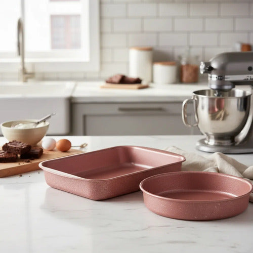 Set Juego Asaderas Antiadherentes 2 Piezas Horno Rectangular Rosa