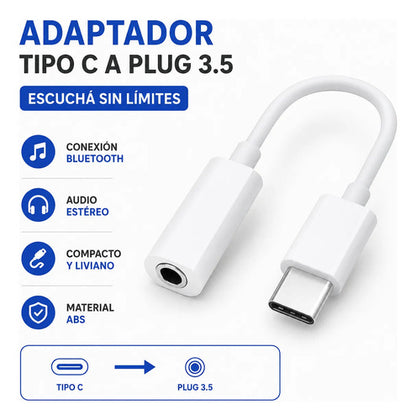 Adaptador Cable Usb Tipo C A Plug Jack 3.5 Audio Auriculares Blanco