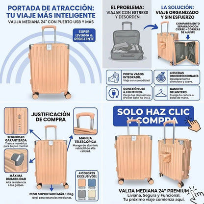 Valija Viaje Rigida 4 Ruedas Colores Puerto Usb 24 Pulgadas Celeste Rayas
